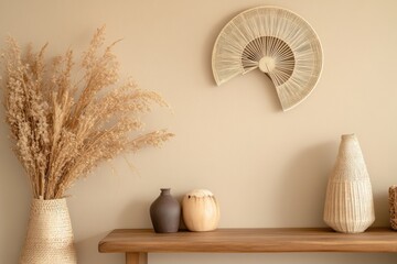 Stylish composition of boho interior design with elegant accessories in a minimalist style