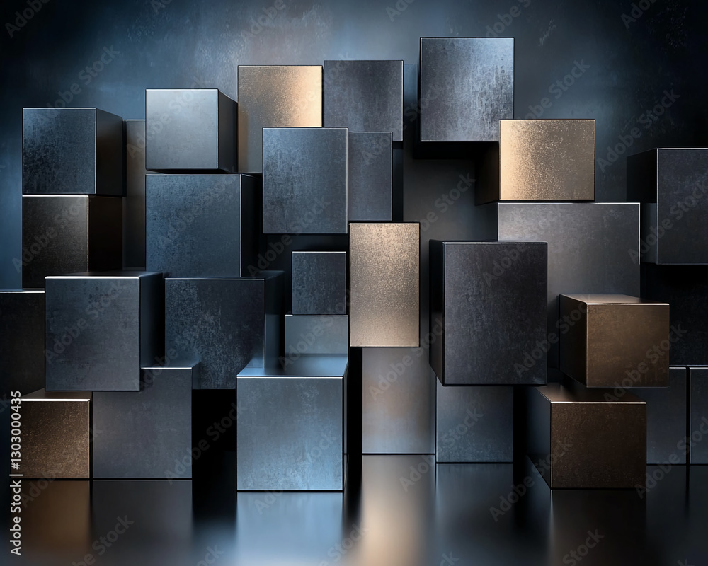 Poster abstract composition of metallic cubes arranged in a scattered pattern with reflections, shadows, an