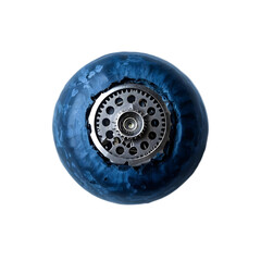 A blueberry with a metallic blue surface, featuring tiny, intricate gears rotating inside