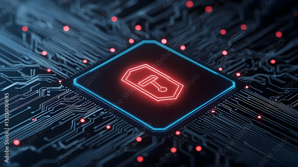 Poster digital security concept with lock symbol on circuit board background