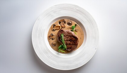 top view of beef steak and mushroom sauce no background on a white plate