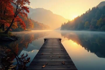 Golden hour light pierces fog, revealing dock on autumnal lake , fog, wood, hour
