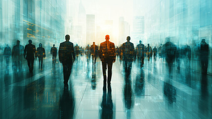 Silhouette of people in the city, walking people, going to work