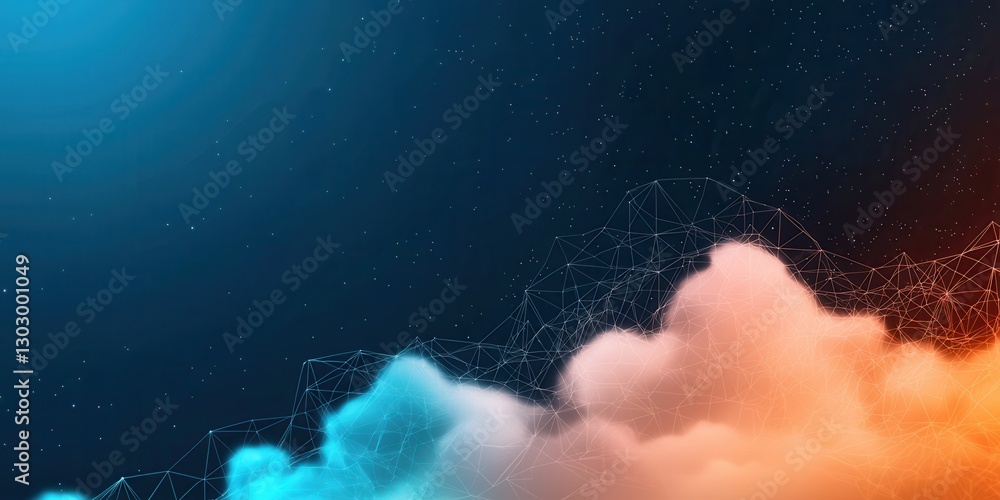 Poster A vibrant blend of blue and orange clouds against a dark background, creating a captivating and dynamic atmosphere.