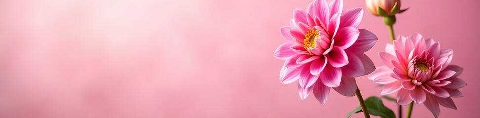 Obraz premium Vibrant dahlia flowers on a soft pink background, spring blossoms, flowers, floral, blossoms