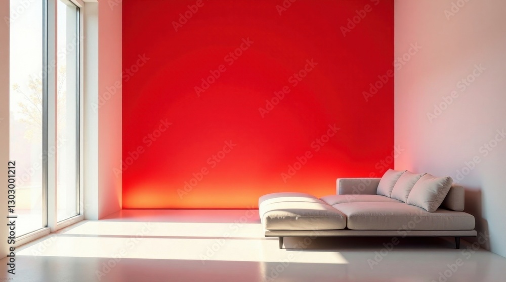 Poster modern sectional sofa in bright room with a vivid red accent wall and sunlight streaming through a l