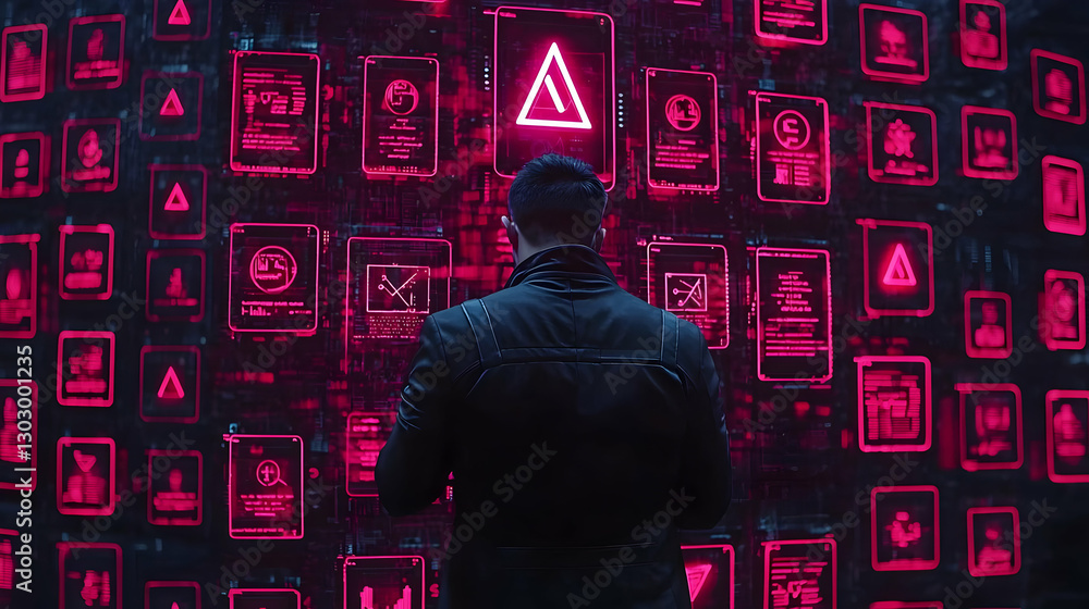 Poster high-tech security analysis with neon alerts and data visualization