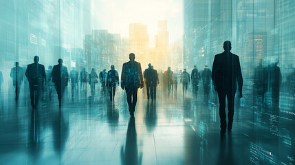 Silhouette of people in the city, walking people, going to work