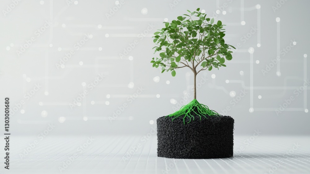 Poster tree growing from a black cube on a tech-inspired background.
