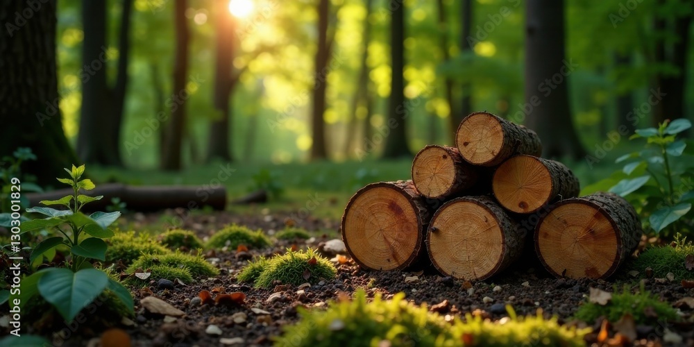 Aufkleber Golden sunlight filters through the trees, illuminating a neatly stacked pile of freshly cut logs resting on a mossy forest floor.