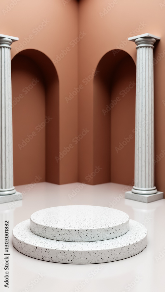 Poster two-tiered minimalist display stand with classical columns and backdrop