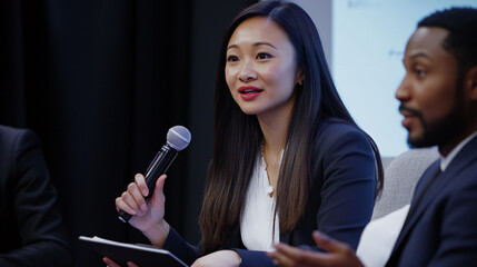 Young Asian Businesswoman Is Speaking Into Microphone Panel Discussion. Wearing Business Suit Attentively Engaging Audience. Black Man Seated Beside Her, Also Participating