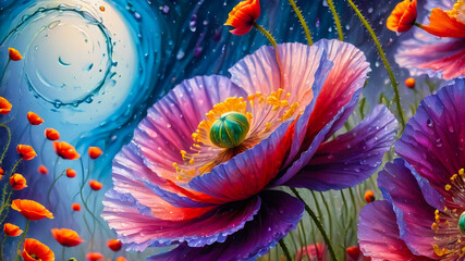 Fototapeta premium colorful poppy flower on abstract background. bright flowers. oil illustration 
