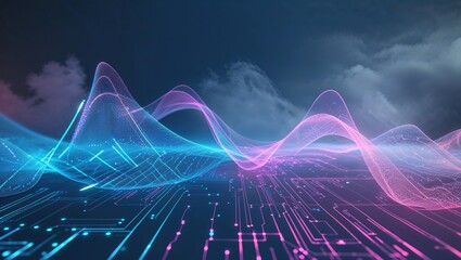 Vibrant waves in shades of blue and pink flow over a digital circuitry background, creating a seamless pattern. The scene conveys a modern, high-tech atmosphere, evoking futuristic elements
