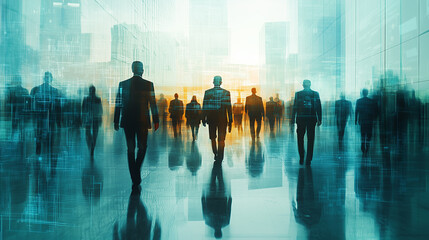 Silhouette of people in the city, walking people, going to work