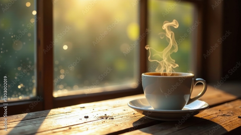 Poster Warmth of a steaming beverage enjoyed by a window during golden hour