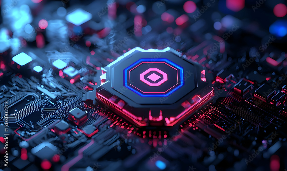 Poster futuristic computer chip with neon lights on circuit board surface
