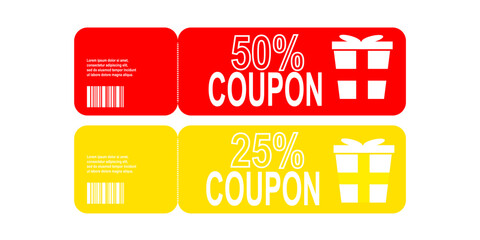 Discount voucher, gift coupon template. Red and yellow coupon mockup with 25 percent off and 50% off. Vector illustration.
