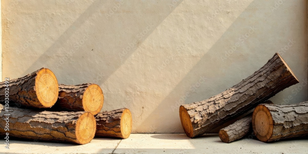 Poster a stack of neatly arranged tree logs rests against a light beige wall, bathed in sunlight creating a