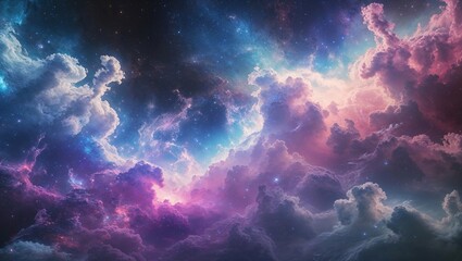 A mesmerizing swirl of colorful clouds and sparkling stars creates a dynamic cosmic backdrop. This celestial scene features vibrant hues of purple, pink, and blue, enhancing visual appeal