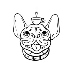 Cute pug vector doodle. Dog with a cup of coffee, vector line art illustration.