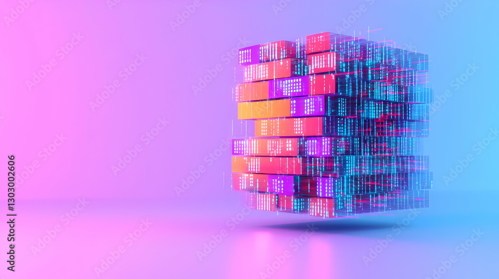 Poster futuristic data structure with neon lights and colorful blocks