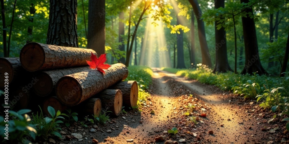 Poster serene forest path with sunlit canopy and fallen autumn leaf resting on stacked logs