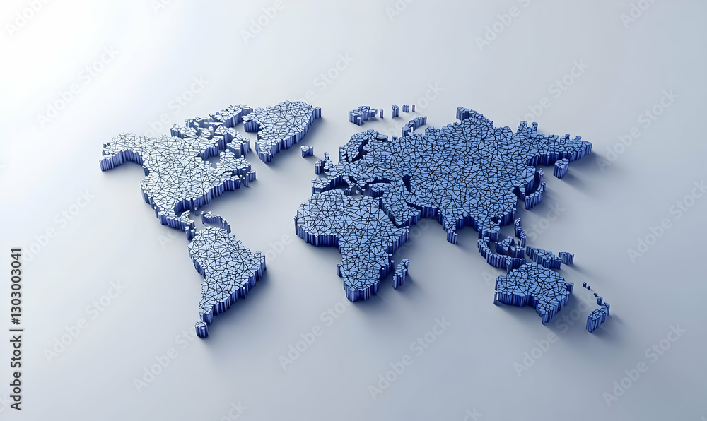 Poster 3d blue world map made of text elements and graphical blocks