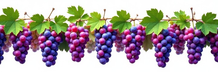 Fototapeta premium Vibrant horizontal grape pattern with green and purple tones on a white background, vineyard, summer, fruits