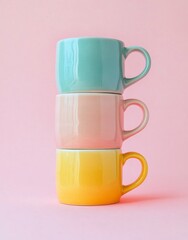 Three colorful mugs stacked on top of each other against a pastel pink background
