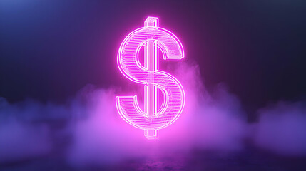 Obraz premium Neon Dollar Sign Illuminated in Smoke on Dark Background