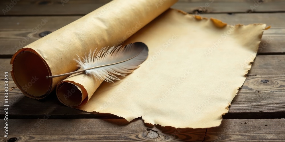 Poster ancient scroll and quill pen on rustic wooden surface a composition of aged paper and natural writin