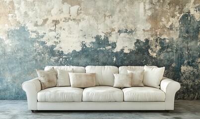 White sofa stands before distressed textured wall.