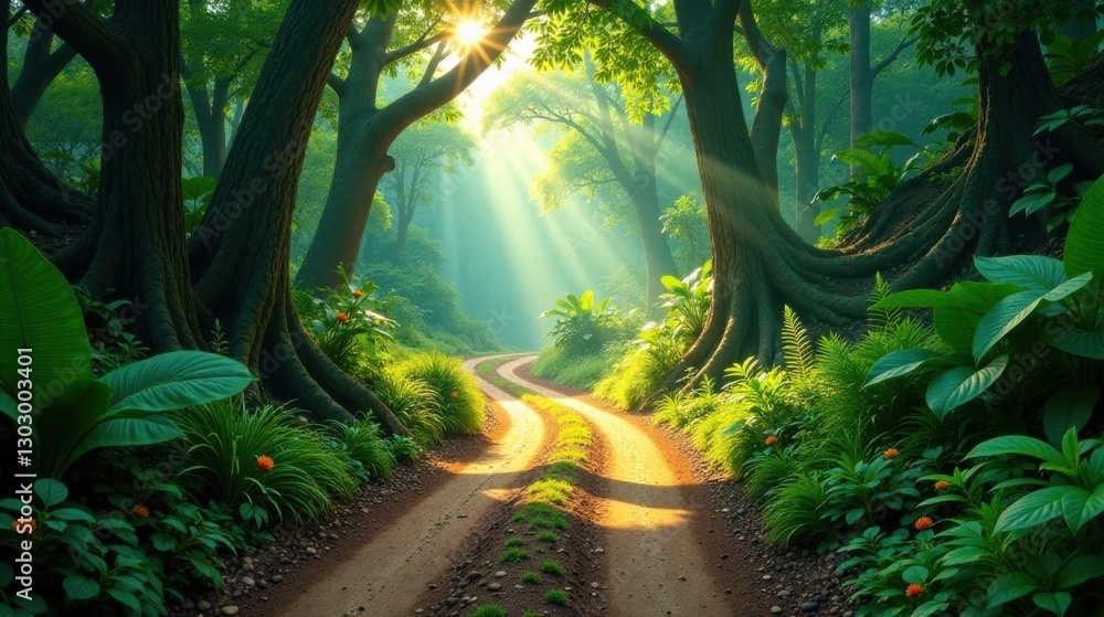 Poster sunlit path winding through a lush, verdant rainforest, sunlight filtering through canopy, creating 