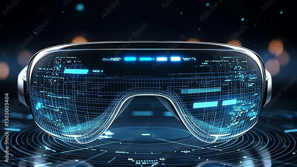 Poster futuristic vr headset interface with holographic ui elements, sci-fi virtual reality background