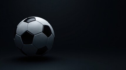 Naklejka premium A solitary soccer ball rests on a dark surface, a dramatic composition emphasizing the sphere's texture and the play of light and shadow.