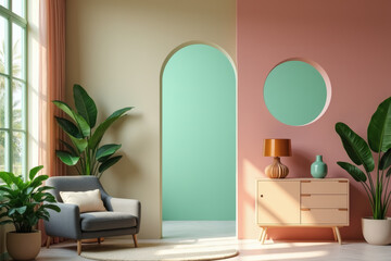 A modern, minimalist interior design with a striking combination of blush pink, mint green, and sandy beige walls, featuring a mid-century modern sideboard, gray armchair, and lush green plants