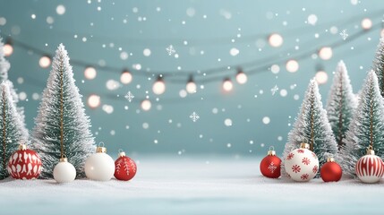 A serene winter scene featuring snowy trees and festive ornaments, creating a cozy and magical holiday atmosphere.