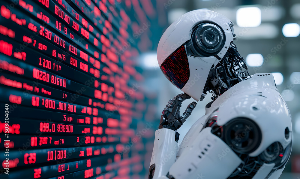 Poster futuristic robot analyzing data in high-tech digital environment