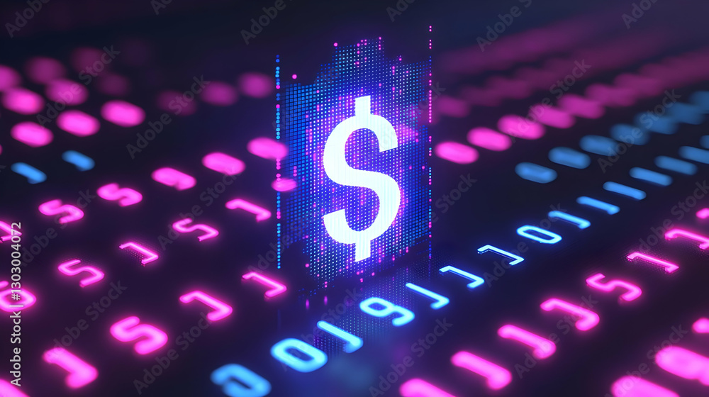 Poster digital currency concept with dollar sign and binary background
