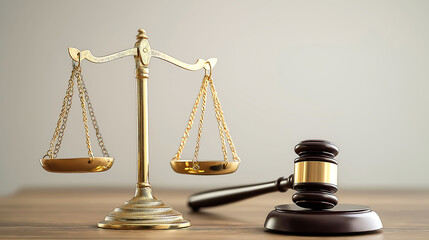 A golden scales of justice on one side and a gavel on the other, Symbolizing balance between law and economy