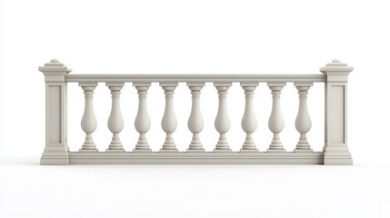 A 3D-rendered balcony featuring a wrought iron fence and elegantly twisted columns, isolated on a white background. 

