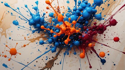Dynamic splashes of blue, orange, and red create an eye-catching and vibrant pattern perfect for backgrounds. This design adds energy and creativity to any project