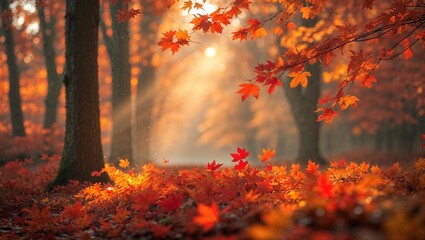 Golden sunlight filters through trees, casting a warm glow on fallen autumn leaves. The vibrant reds and oranges create a stunning display along a tranquil forest path in the early afternoon