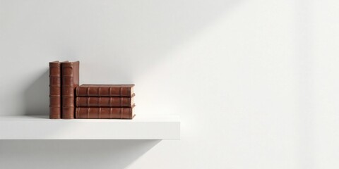 Elegant Brown Leather-Bound Books Resting on a Simple White Shelf Against a Clean White Wall