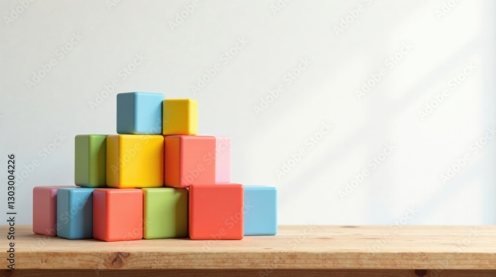 Poster colorful blocks arranged in a pyramid shape on a light wood surface against a white backdrop