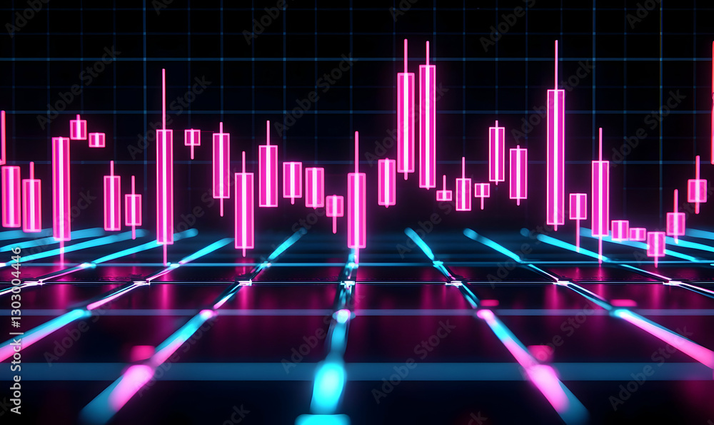 Poster neon stock market graph with colorful candlestick chart display
