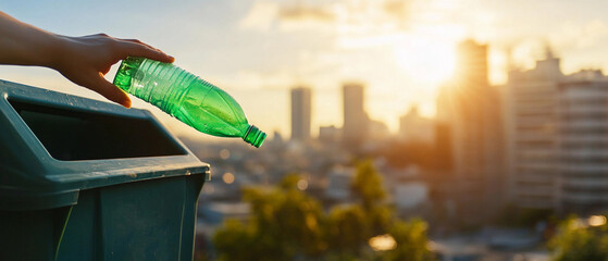 Banner with background. A hand throwing a plastic bottle into the correct recycling bin, blurred cityscape in the background, bright and engaging composition.