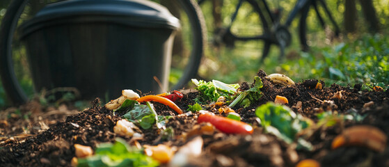 A compost bin filled with vegetable scraps, rich soil visible, earth-friendly gardening, close-up with high detail and natural colors.