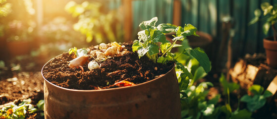 A compost bin filled with vegetable scraps, rich soil visible, earth-friendly gardening, close-up with high detail and natural colors.